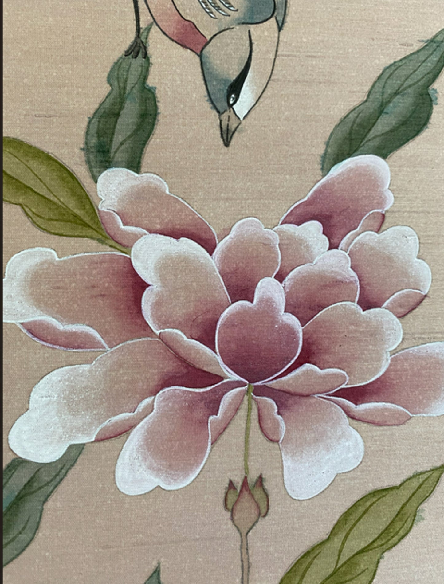 Obra "Rosas y Aves" pintada en Seda